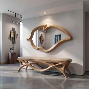 Handcrafted <b>Leaf</b> Shape Natural Wooden <b>Wall</b> Mirror Aesthetic Organic Frame Modern Irregular Carved Wood Mirror For Living Room - Product Image 2