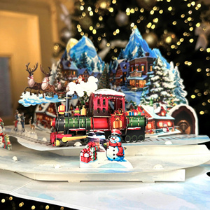 Carte de vœux de Noël 3D pop-up avec scène de train et de cabane, découpe au laser, pelliculage brillant, carte de fêtes - Product Image 1