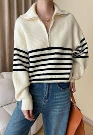 เสื้อสเวตเตอร์ไหมพรมลำลองสำหรับผู้หญิง แบรนด์ Haven Apparels รุ่น Autumn  ลายทาง  ปิดด้วยซิป  ผลิตจากโพลีเอสเตอร์ 100% ระบายอากาศได้ดี - Product Image 5
