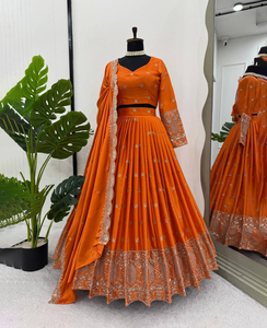 Lehenga Choli Tradicional de Diseñador, en Satén de Seda Naranja, con Falda Acampanada, Dupatta Cancan, Listo para Usar en Verano, para Fiestas y Bodas - Product Image 5