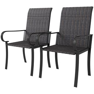 Set of 2 Brown Outdoor Wicker Dining Chairs with Armrest Steel <b>Frame</b> High Back and <b>Deep</b> Seating - Product Image 1
