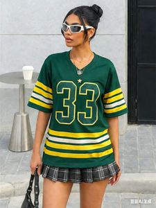 Camiseta de béisbol americana con número impreso, manga corta, cuello en V, estilo holgado, moderno, estilo urbano, Y2K, top de verano para mujer - Product Image 2