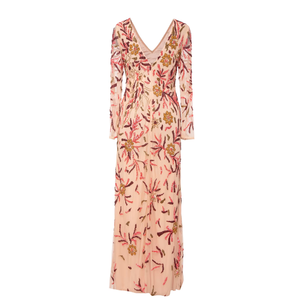 Robe longue de soirée élégante pour femme, à manches longues, col en V, ornée de fleurs et de perles, rose blush, brodée de sequins, idéale pour la mère de la mariée - Product Image 3
