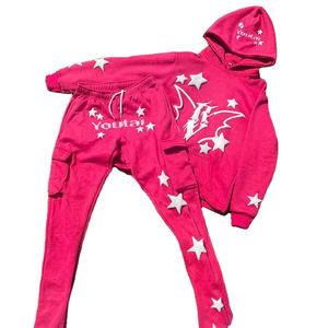 Ensemble de survêtement streetwear personnalisé avec impression en relief pour hommes, 100 % coton, avec pantalon évasé et sweat à capuche - Product Image 1