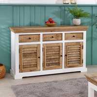 Buffet scandinave en bois de manguier massif, écologique et durable, avec 3 tiroirs et portes à persiennes