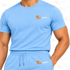 <b>Men's</b> Light Blue Casual <b>T</b>-<b>Shirt</b> <b>and</b> <b>Shorts</b> Set Knitted Cotton Breathable Summer Wear Front Logo Print <b>Men</b> <b>Shirts</b> & <b>Shorts</b> - Product Image 5