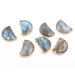 Labradorite Half Shape Faceted Silver Bezel 18K Gold Plated Sterling Silver Double Loop Gemstone Pendant Jewelry Making - Product Image 1