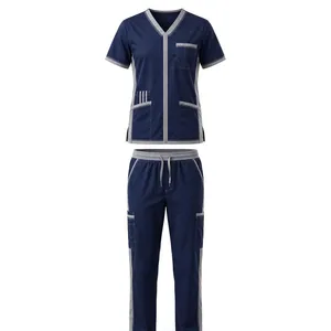 Conjunto de Uniforme Médico Unisex Azul Oscuro, Camiseta de Manga Corta con Bolsillos, Pantalones con Cordón Ajustable, Transpirable, 100% Poliéster, AMKOOR ENTERPRISES Needle - Product Image 1