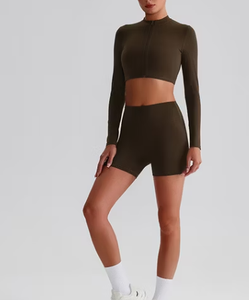 Women Solid Color Seamless Yoga Sports Bra Set Medium <b>Support</b> Long Sleeve <b>Crop</b> <b>Top</b> With High Waist Shorts For Workout - Product Image 3