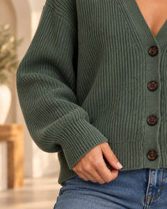 Women's Green Knitted <b>Cardigan</b> <b>Long</b> Sleeve V-Neck Button Closure Casual Autumn Wear Regular Fit Solid Color - Product Image 5