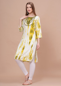 <b>Women</b> Yellow Tie Dye Printed Kurti with , 3/4 Sleeves Casual Ethnic Wear Straight <b>Kurta</b> for Daily Wear . - Product Image 3
