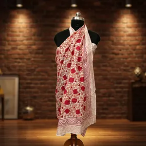 <b>Red</b> and White Hand Block Printed Cotton Fabric with Floral Vine Border for <b>Saree</b> Dressmaking Crafts and Home Decor Projects - Product Image 6