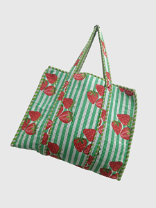 <b>Strawberry</b> Print Green White Striped Canvas Tote Bag Open <b>Top</b> Design For Shopping Summer Fashionable Style - Product Image 3