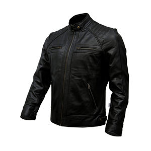 Veste en cuir pour homme style Cafe Racer, coupe ajustée, épaules matelassées en losanges, col mandarin, fermeture éclair, style motard - Product Image 2