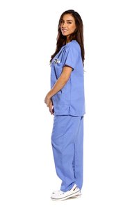 Ensemble de blouses médicales bleues pour femmes, en coton et polyester tissé, pantalon et haut à col en V, prêt pour le stéthoscope - Product Image 3