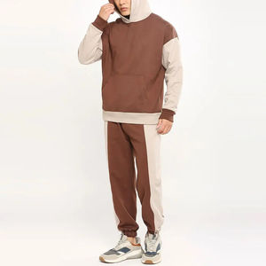 Ensemble de survêtement homme bicolore style vintage streetwear marron beige avec sweat à capuche et pantalon de jogging doublé polaire coupe ample - Product Image 4