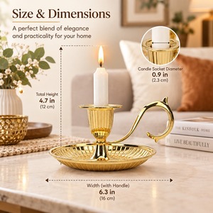 Gold Brass Chamberstick <b>Candle</b> Holder Handled Taper Stand Vintage Round Fluted <b>Dish</b> Base Candleholder Home Table Decor Party - Product Image 3