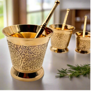 Set of floral carved shiny brass mortar pestle sets in varied sizes for spices, available at wholesale prices. - Product Image 1