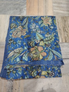 Handmade Kantha Quilt Reversible Cotton Blanket Blue Floral Pattern <b>Bedspread</b> Home Decor Gift for Her - Product Image 1