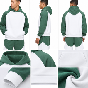 Green <b>White</b> Color Block Hooded <b>Sweatshirt</b> Raglan Sleeve Oversized Casual French Terry Pocket Design Spring Wear - Product Image 3