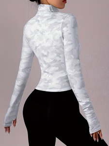 Black White Piping Breathable Women Yoga Jacket Slim Fit Long Sleeve <b>Mock</b> <b>Neck</b> Full Zip Front Logo Athletic Workout Gym Wear <b>Top</b> - Product Image 2