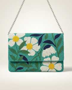 Handmade Rectangular Handbag With White Daisy Embroidery On Teal Background Chain Strap - Product Image 1