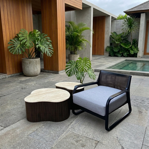 Weatherproof Dried Teak Wood Outdoor <b>Dining</b> Set Modern Rattan Garden Chairs Luxury Travertine <b>Table</b> for Hotel Resort Project - Product Image 1