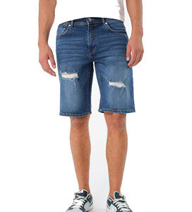 Pantalones Cortos de Mezclilla Negros para Hombre, Estilo Urbano, Tejidos, de Cintura Alta, Rotos, Desgastados, Casuales, de Verano, de Pierna Recta, con Dobladillo Reforzado - Product Image 1