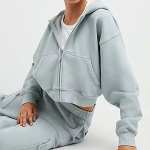 Conjunto de sudaderas de alta calidad, estilo más reciente, hombros caídos, OEM, sudadera con capucha para mujer, corte casual, forro polar de algodón, top corto con cremallera. - Product Image 2