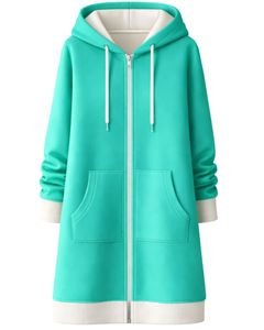 Sudadera con capucha larga verde menta para mujer, abrigo de invierno con forro polar y bolsillos tipo canguro, ropa casual cálida, fabricación OEM personalizada - Product Image 1