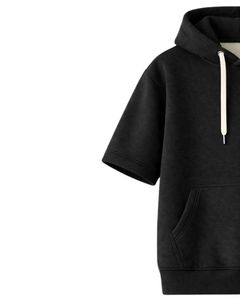 Customized Men <b>Black</b> Short Sleeve Hoodie Pullover Cotton <b>Fleece</b> Casual Streetwear Kangaroo Pocket Lightweight Summer Sweatshirt - Product Image 2