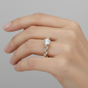 Bague de fiançailles en diamant de laboratoire, diamant central taille ronde, pierres latérales en feuille de marquise, or 14 carats, fabricant de bagues de mariée - Product Image 5