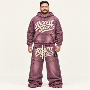 REXFIT SPORTS unisex Hooded Sweatshirt Set Acid Wash Purple Street Style Two Piece <b>Tracksuit</b> <b>winter</b> wear Cotton Fleece - Product Image 1
