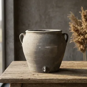 Pot en terre cuite gris rustique fait main, pot à plantes en argile, décoration vintage pour la maison de style ferme, récipient au caractère traditionnel - Product Image 6