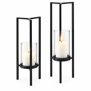 Modern <b>Black</b> Metal <b>Lantern</b> <b>With</b> Glass <b>Candle</b> Holder For Home Decoration - Product Image 1