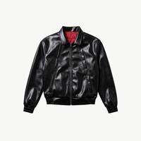 Veste bomber personnalisée pour homme, streetwear, en similicuir PU noir, avec broderie toile d'araignée au dos, fermeture éclair cloutée, doublure rouge matelassée