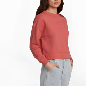 เสื้อสเวตเตอร์คอกลมสีแดงสำหรับผู้หญิง แขนยาว ผ้าฝ้ายถัก สวมใส่สบายๆ ในฤดูใบไม้ร่วง ความยาวสั้น สีพื้น - Product Image 4