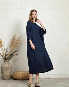 Premium Navy Blue O-NeckPlain Maxi <b>Dress</b> With 3/4 Sleeves <b>Loose</b> Boho Style 100% Linen Summer Casual <b>Dress</b> For Women - Product Image 2