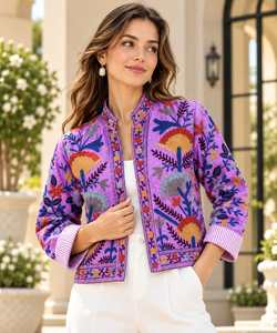 Women’s Purple Floral Embroidered Cotton <b>Jacket</b>, Stand Collar Ethnic <b>Short</b> <b>Jacket</b>, Boho Casual Wholesale Outerwear - Product Image 1