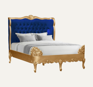 Lit King Size Classique Européen Bleu Tapissé avec Tête de Lit Capitonnée en Bois d'Acajou, Meuble de Chambre à Coucher de Luxe Assemblé - Product Image 1