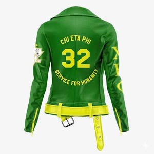 <b>Chi</b> Eta Phi Greek Women's Genuine Leather Zipper Embroidered Sheep Moto Jacket Motorcycle Racing Biker Coat Stylish Sorority - Product Image 3