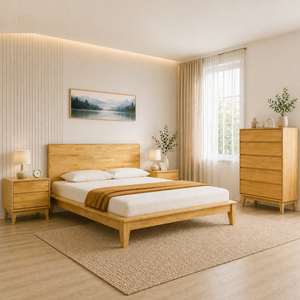 Japandi Style Wooden Bedroom Set with 4 Units Japanese Joinery Bed <b>Frame</b> Rubberwood Bedroom Set OEM/ODM Vietnam Manufacturer - Product Image 1