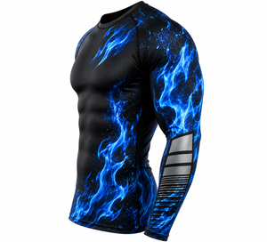 SHH Industries OEM Fully Custom Breathable Quick Dry Blue Flame Compression <b>Rash</b> <b>Guard</b> Men's Long Sleeve <b>BJJ</b> MMA Grappling - Product Image 4