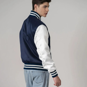 Veste universitaire en satin sur mesure de qualité supérieure pour homme, veste bomber classique avec col et poignets côtelés rayés et fermeture à boutons pression - Product Image 3