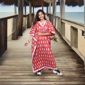 Floor-Length Natural Waist V-neck Floral Print Cotton Kaftan for Women Eco-Friendly Casual Arabian Beach Wear <b>Red</b> Wholesale - Product Image 3