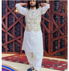 Respirant traditionnel impression broderie Patch Design élégant Shalwar Kameez Punjabi Style blanc robe afghane pour les garçons - Product Image 1
