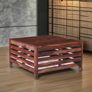 Table basse carrée à lattes Design ouvert Rangement Rustique Finition marron Texture en bois Style rustique - Product Image 1