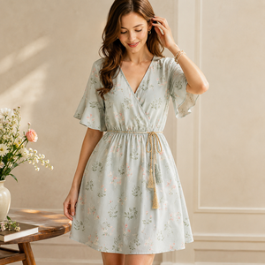 Vestido Mini Cruzado con Estampado Floral, Cuello en V, Mangas con Volantes y Cinturón de Borlas, Estilo Romántico, Línea A, Casual de Verano, Fabricado en Vietnam - Product Image 1