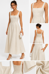 Vestido Largo Plisado Beige Chic de Verano para Mujer, Cuello Cuadrado, Cintura Natural, Ecológico, Ideal para Fiestas Casuales - Product Image 2