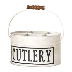 White 6 Compartments Metal Cutlery oval <b>Caddy</b> in Wooden Handle for <b>Kitchen</b> Storage Organizer - Product Image 1